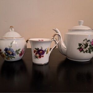 Floral Tea Set with Teapot, Sugar Bowl, and Cup